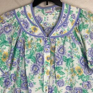Vtg Kelly Reed Purple Green Floral House Dress Large snaps pockets roper